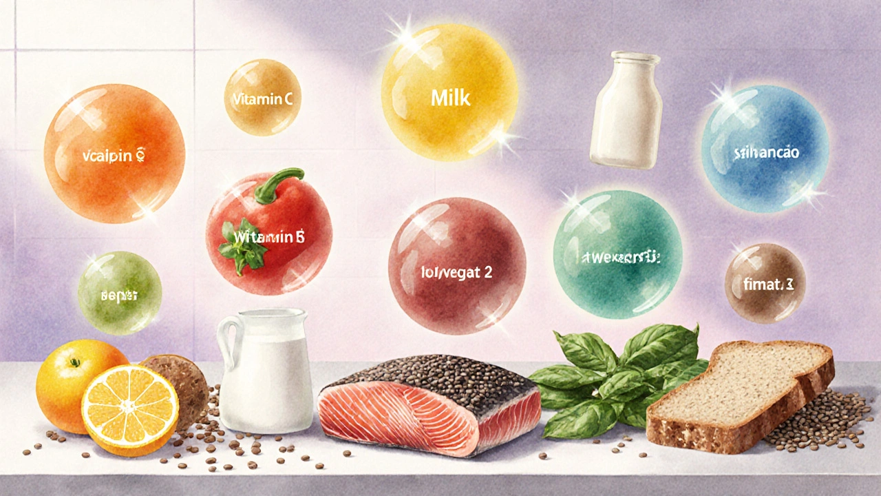 Blízký záběr vitamínových kapslí vedle plodů a zeleniny, zdůrazňující nutriční zdroje.