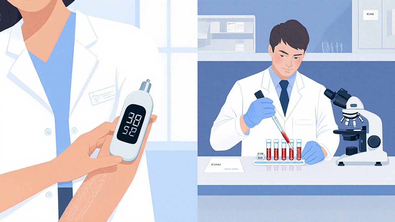 Dermatolog používá cutometer a laborant připravuje ELISA test na krevní vzorek – klinické a laboratorní vyšetření.