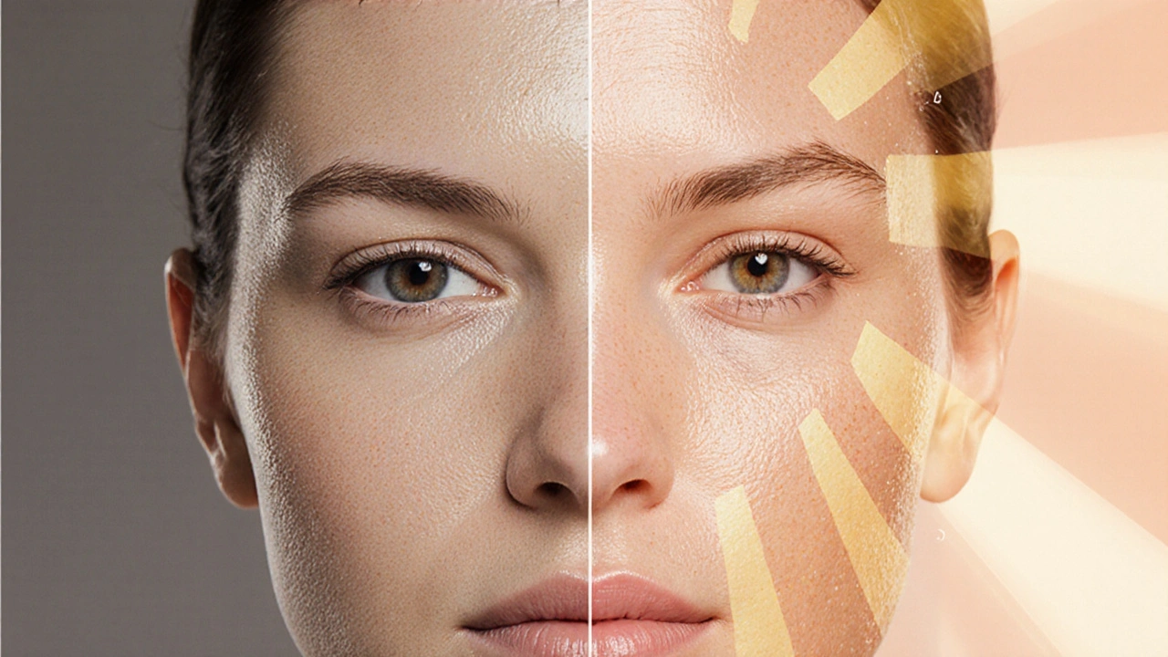 Dvě strany pokožky: jedna suchá a poškozená, druhá zdravá a zářivá po peelingu.