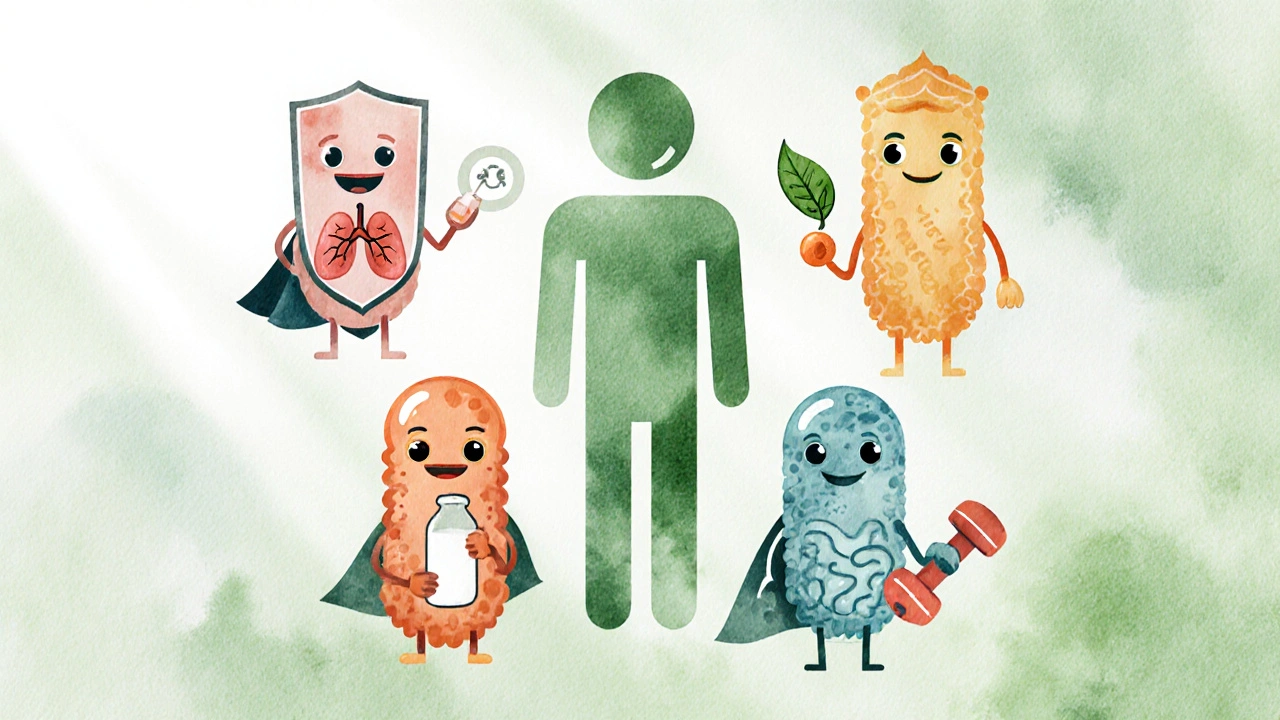 Ilustrace pěti laktobacilních kmenů s ikonickými symboly účinků.