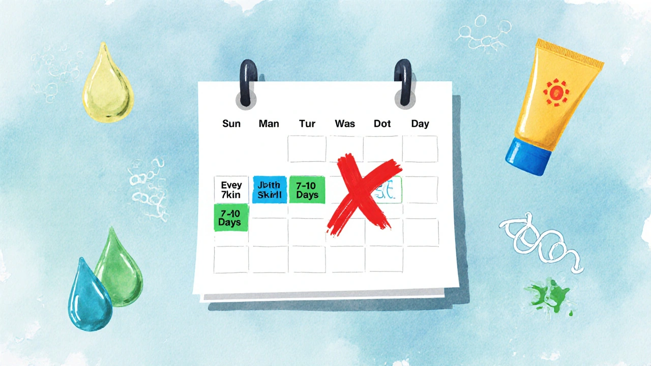 Kalendář s barevnými značkami frekvence peelingu podle typu pokožky, symboly hydratace a sluneční ochrany.