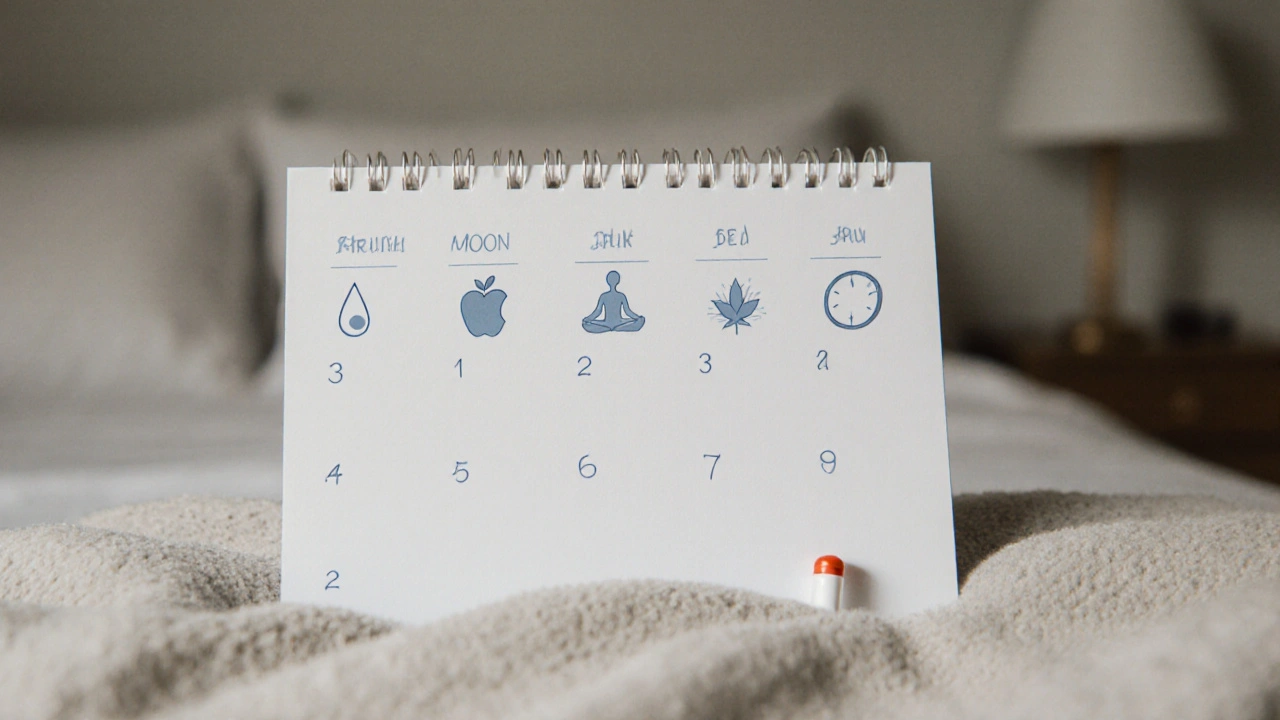 Kalendář s dny 1–7 po pilulce po, symbolizující klidnou obnovu těla pomocí vody, stravy a odpočinku.