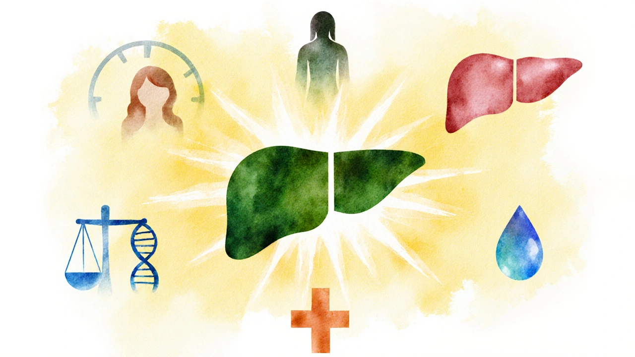 Koláž faktorů detoxikace: věk, pohlaví, hmotnost, voda, DNA a zdraví jater.