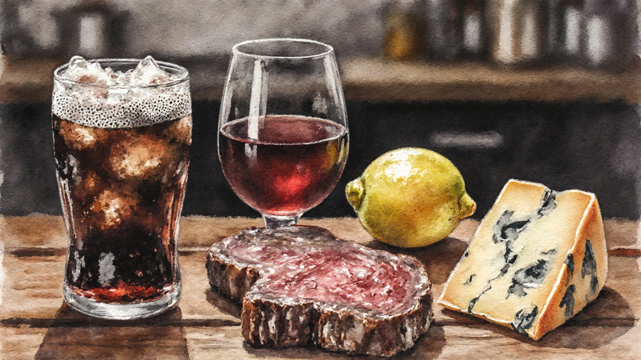 Kresba zakázaných potravin: cola, víno, steak, citron a starý sýr.