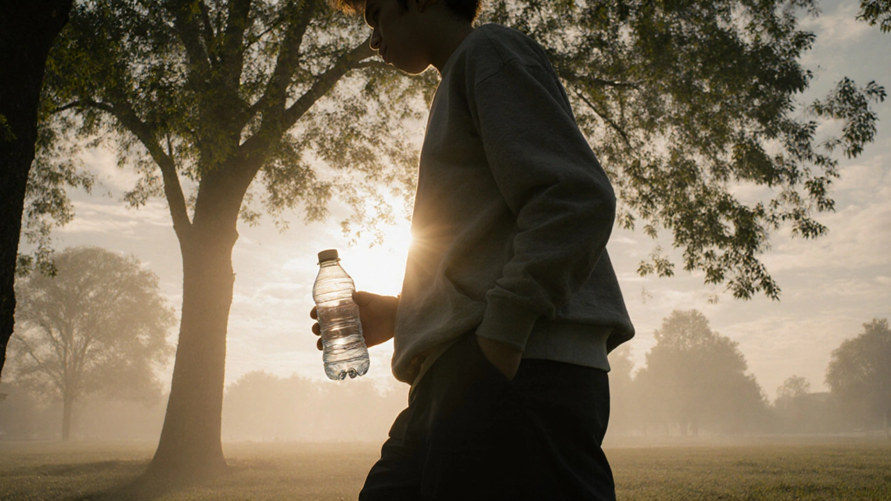 Osoba kráčí v parku ráno při slabém slunci, klidná atmosféra obnovy po nočním odpočinku.