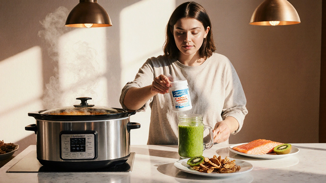 Osoba připravuje týdenní vývar, míchá kolagenový prášek do smoothie a podává ho s mandlemi, zdravá pleť.