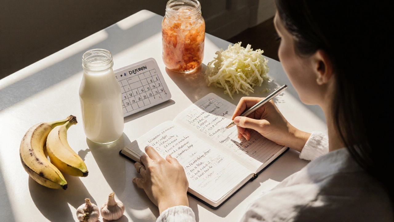 Osoba zapisuje změny ve zdraví u stolu s fermentovanými potravinami a kalendářem.