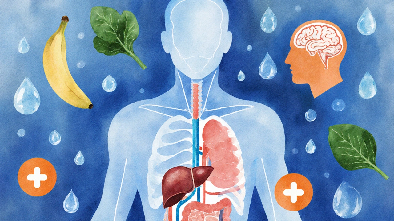 Přehled těla s vnitřními orgány během detoxikace po alkoholu, symbolizovaný prvkami jako voda a zelenina.