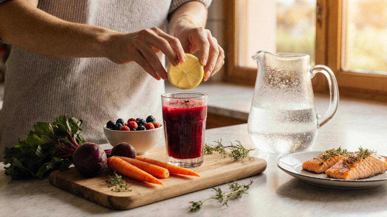 Scéna s detoxikačními potravinami a nápoji podporujícími zdraví jater.
