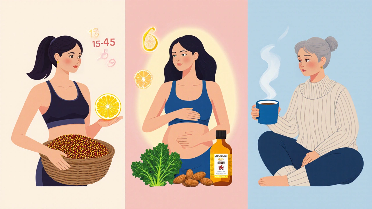 Tři ženy představující životní fáze s ikonami klíčových vitamínů kolem nich.