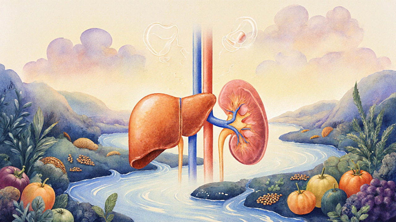 Umělecké znázornění těla jako krajiny, kde játra a ledviny přirozeně metabolizují hormony.