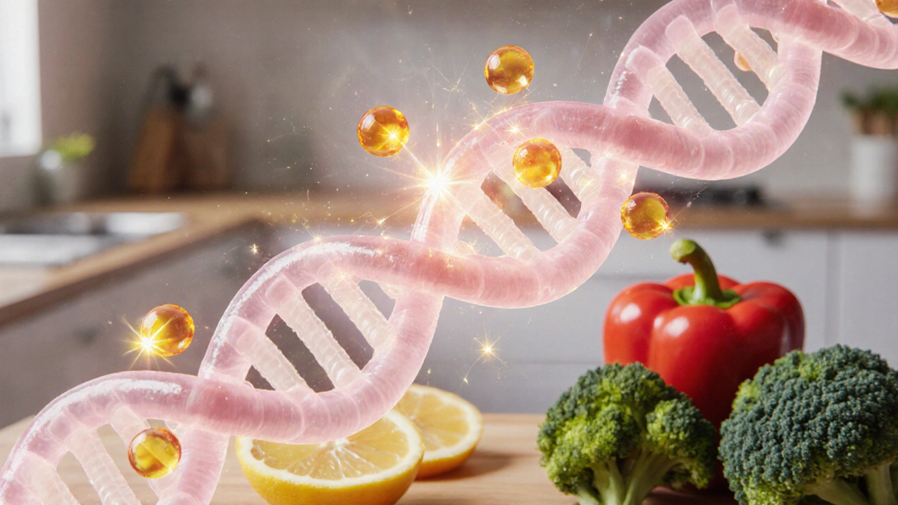 Vizualizace kolagenu a vitamínu C, kde vitamin C aktivuje kolagenové vlákno v jasném, modrém světle.