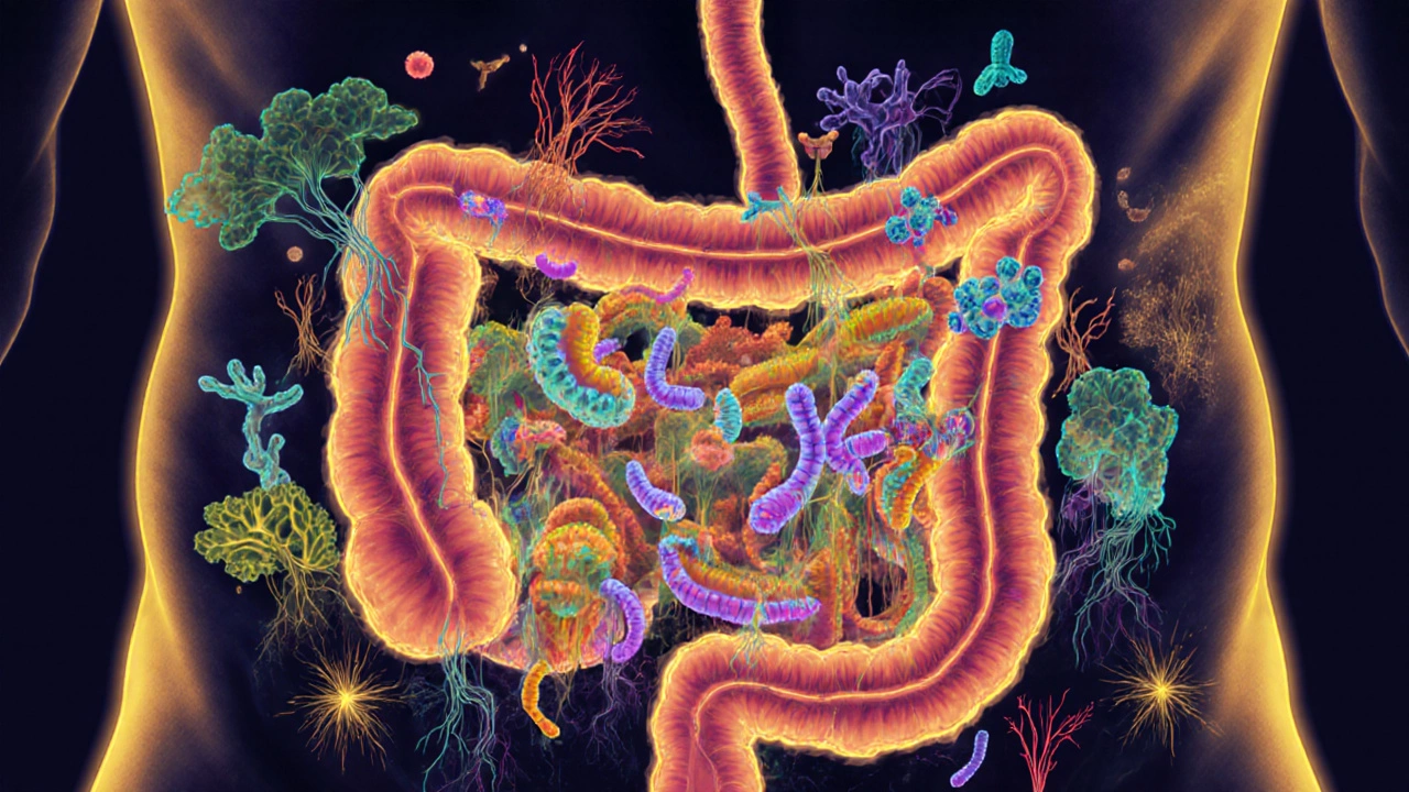 Vnitřek střeva jako živý ekosystém s užitečnými bakteriemi a předbiotickými vlákninami.