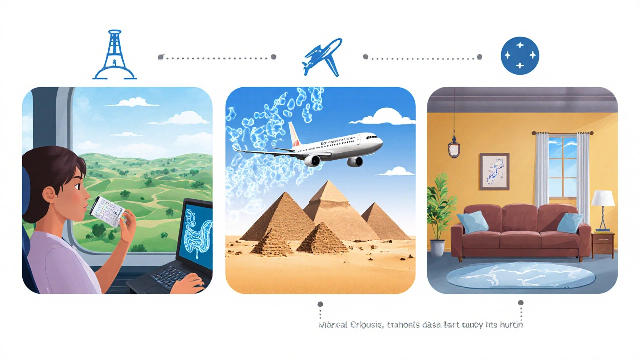 Cesta probiotik přes tři fáze: před, během a po cestě do Egypta.