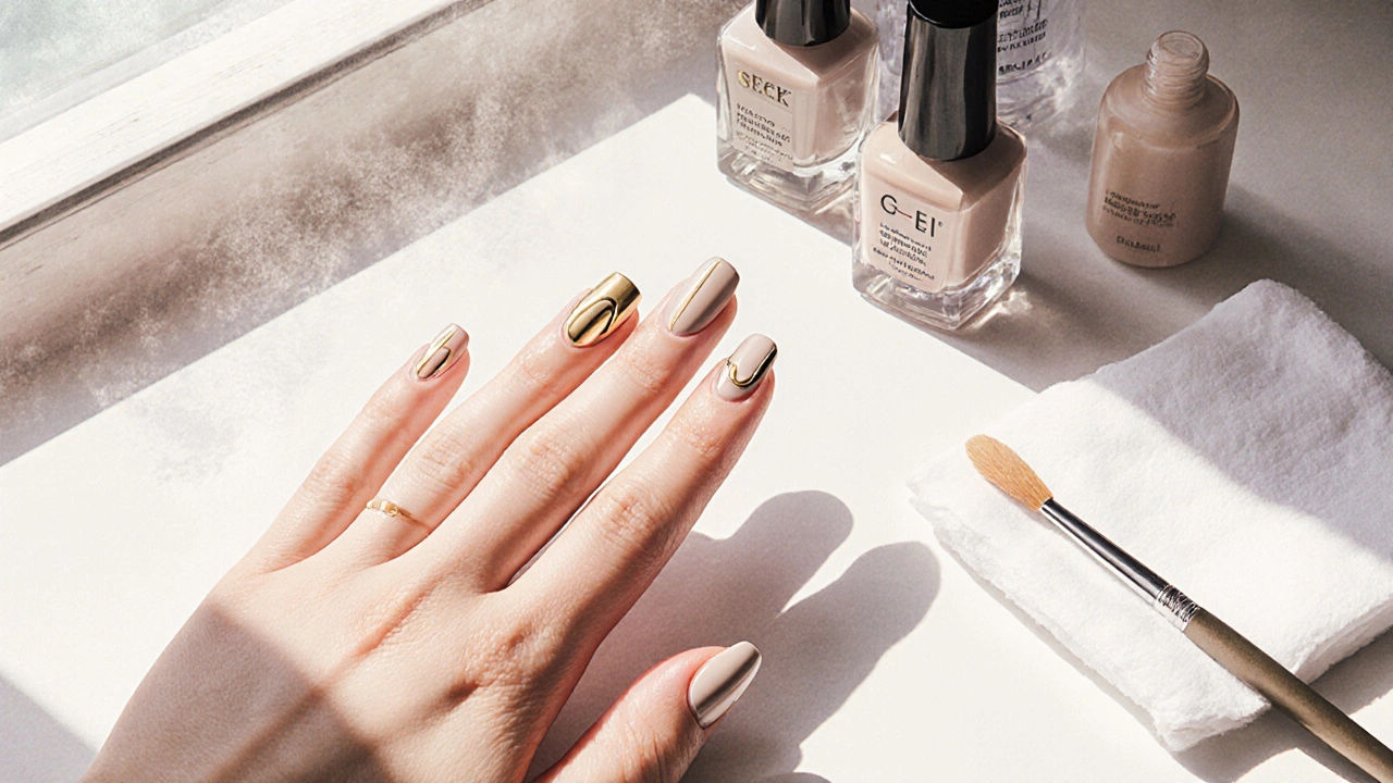 Čtyři neutrální nehty a jeden s tenkou zlatou čárou na světlé ploše.