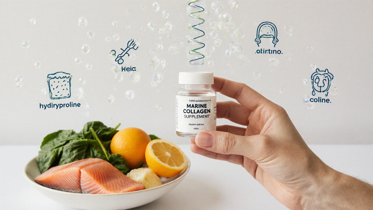 Doplnek kolagenu vedle lososa, špenátu a pomerančů