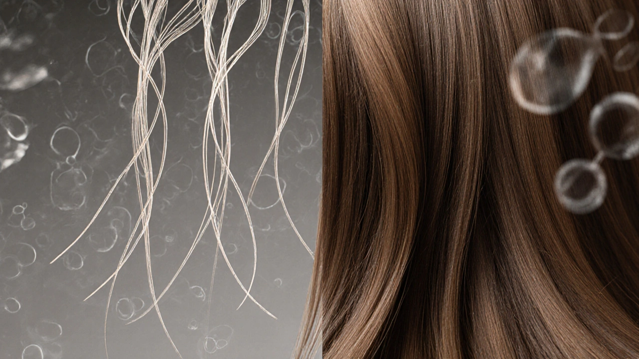 Dvě části: slabé vlasy vlevo a silné, zdravé vlasy vpravo, symbolizující přeměnu po užívání kolagenu.