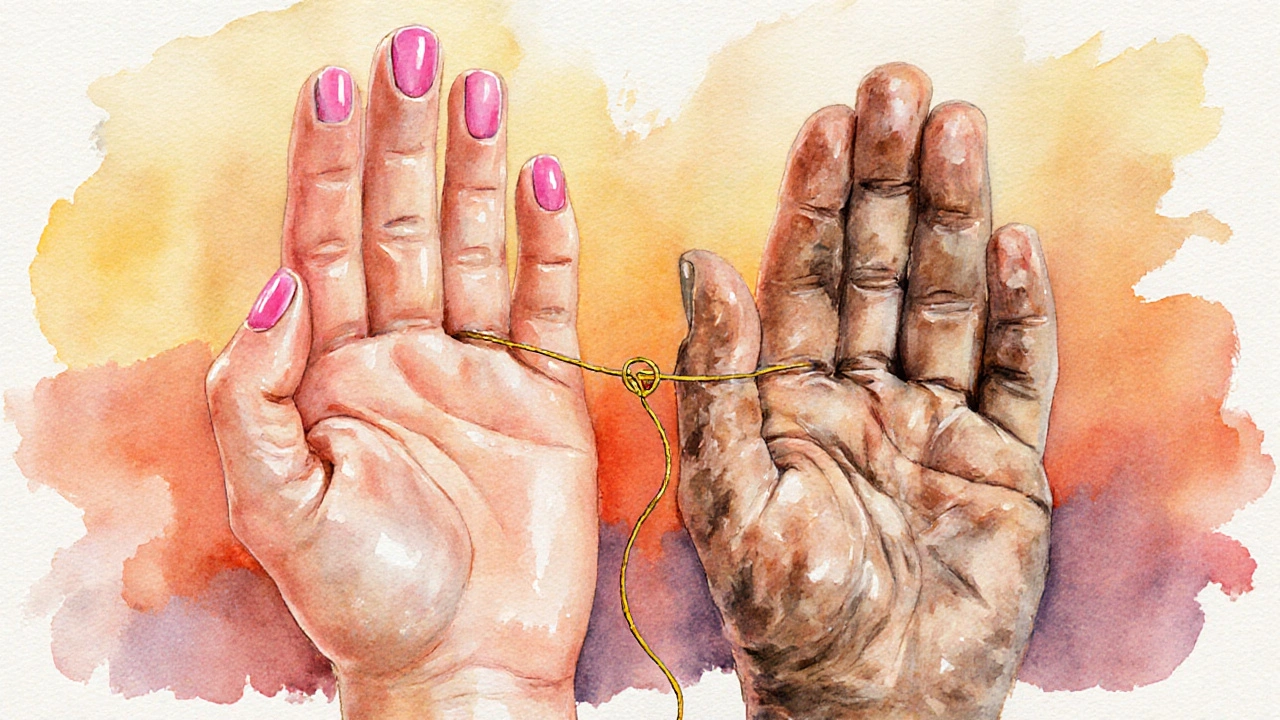 Dvě ruce – jedna péčí ošetřená, druhá zanedbaná – spojené zlatou čárou symbolizující sebepéči.