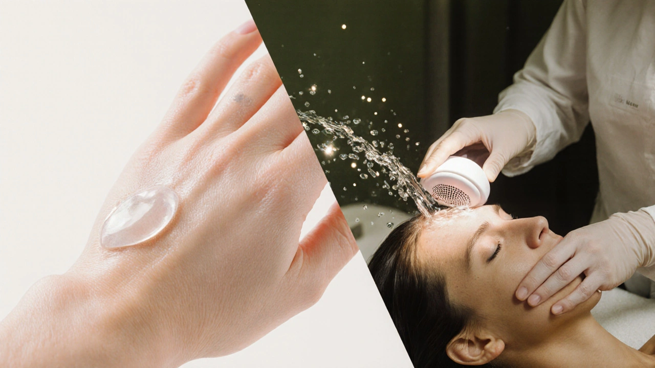 Dvě scény: domácí péče o pleť a profesionální ultrazvukové čištění v klinice.