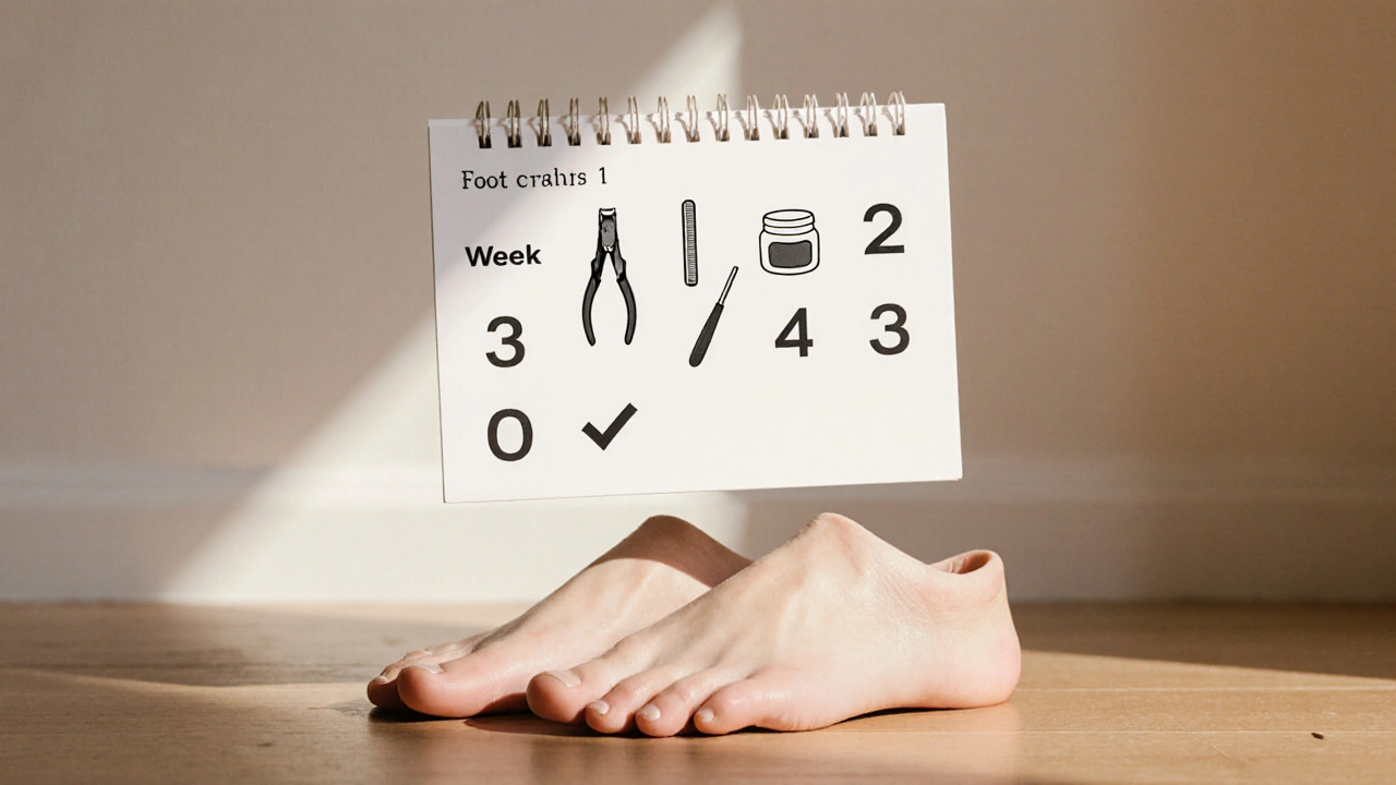 Kalendář s ikonami péče o nohy: nůžky, pilník, krém a kontrola, nad pár nohou na dřevěném podlaze.