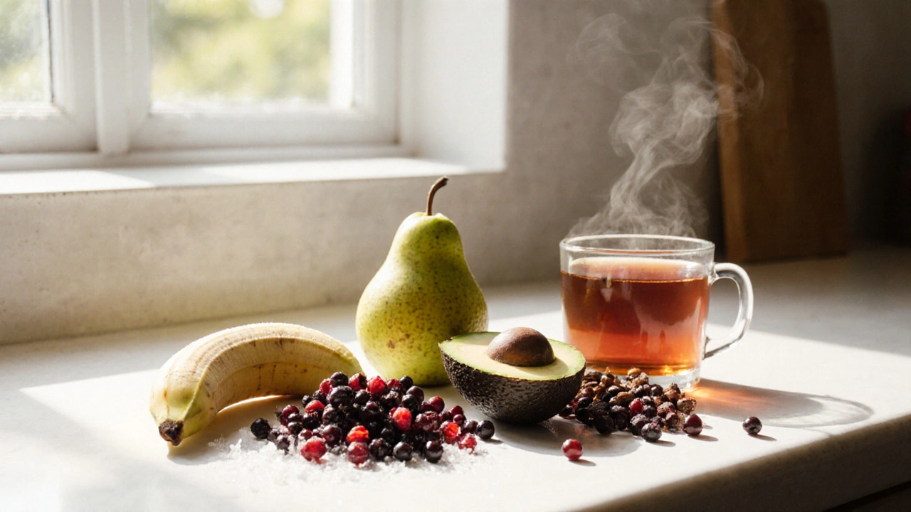 Každodenní ovoce na kuchyňském stole: banán, jablko, hruška, rybíz, šípek a avokádo.