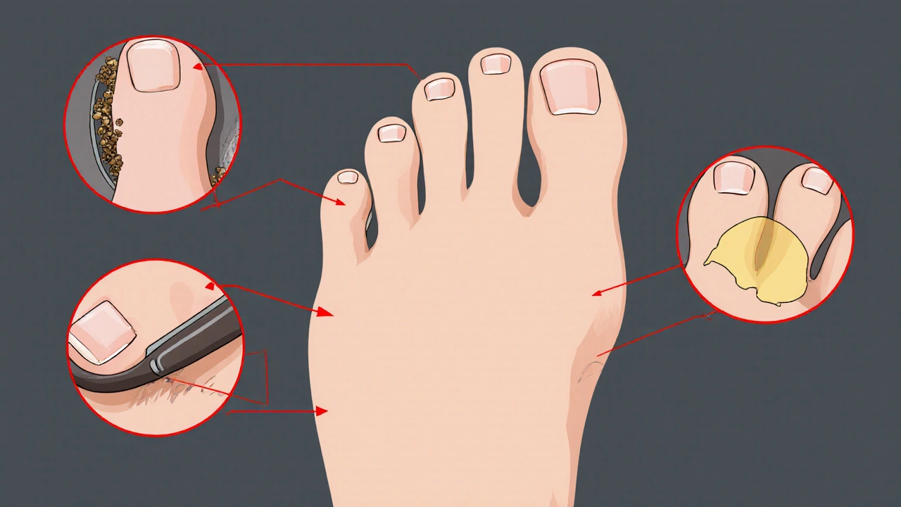 Květový pohled na nohu s příznaky příliš dlouhých nehtů: tlačení do obuvi, špína, zvlnění a žlutá vrstva pod nehtem.