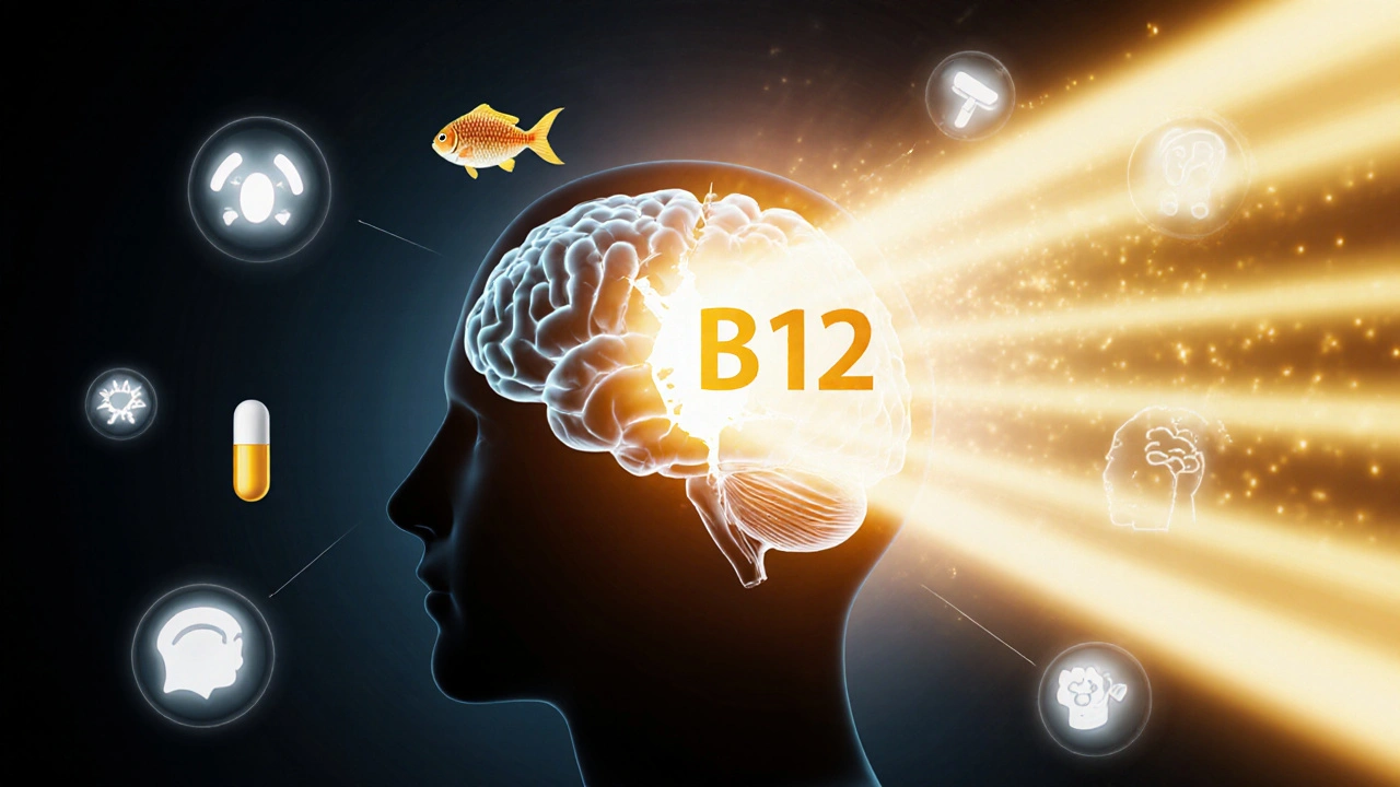 Lidský mozek s jednou polovinou osvětlenou zlatým světlem vitamínu B12 a druhou tmavou.