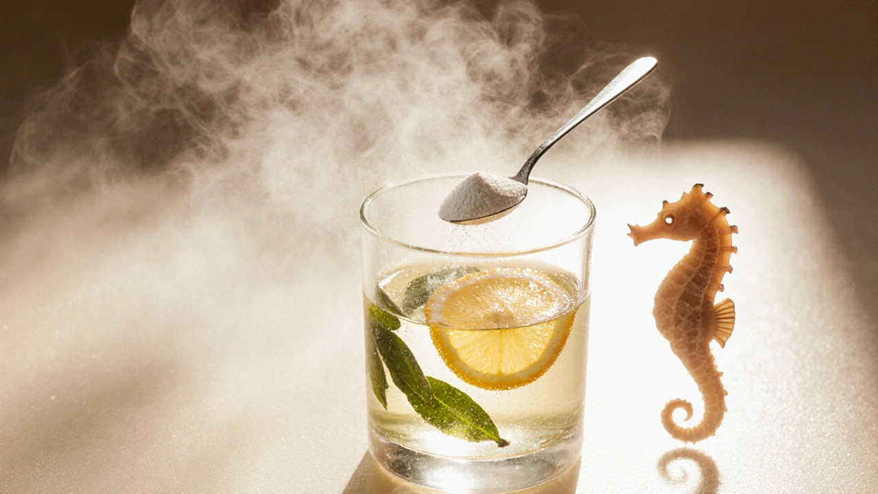 Lžička kolagenu se rozpouští ve vodě s citronem a zeleným čajem.