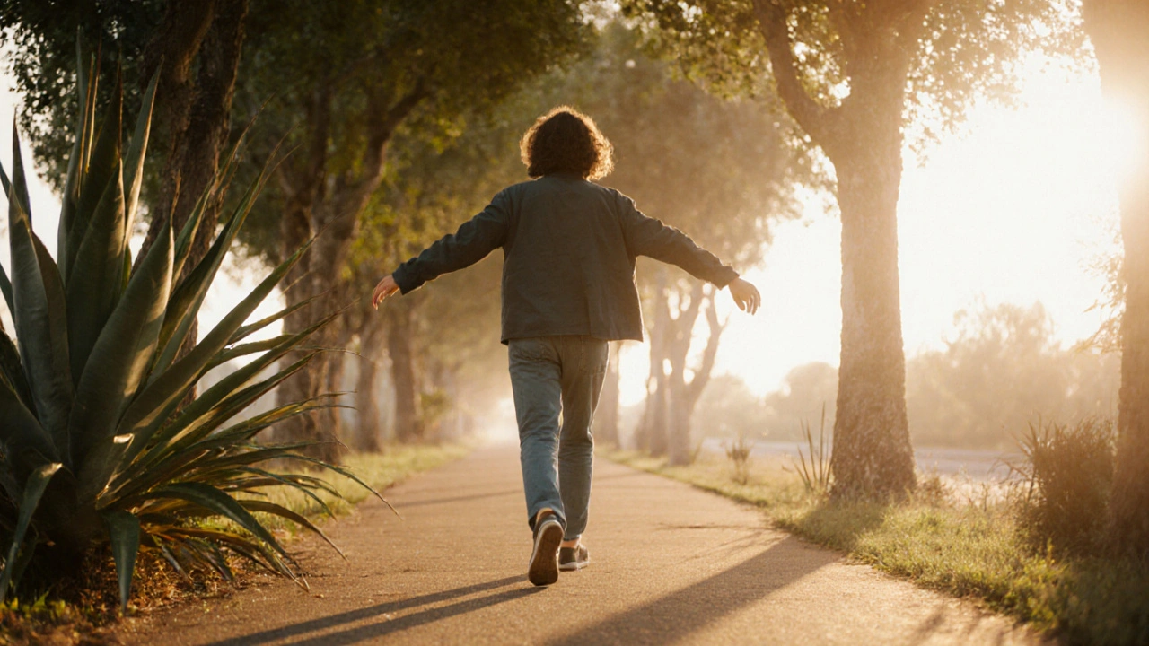 Muž chodí po cestě v záři západu, bez telefonu, v popředí rostlina sansevierie, čistý vzduch a slunce.