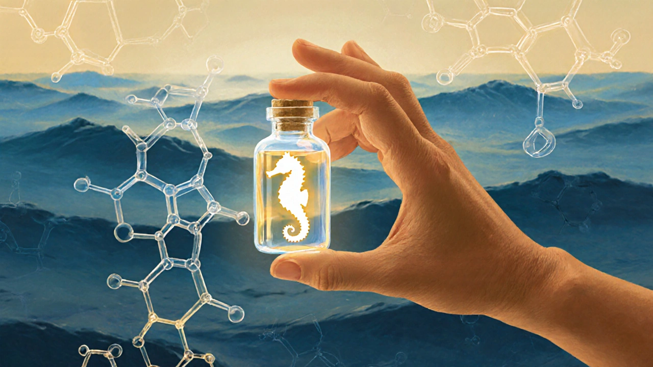 Nádoba s mořským kolagenem s siluetou mořského koníka uvnitř.