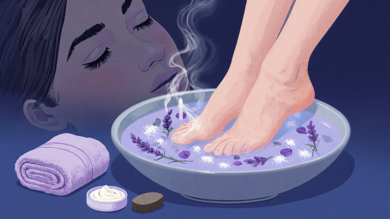 Nohy namočené ve vodě s solí a květy, s pumicovým kamenem a krémem na nohy.