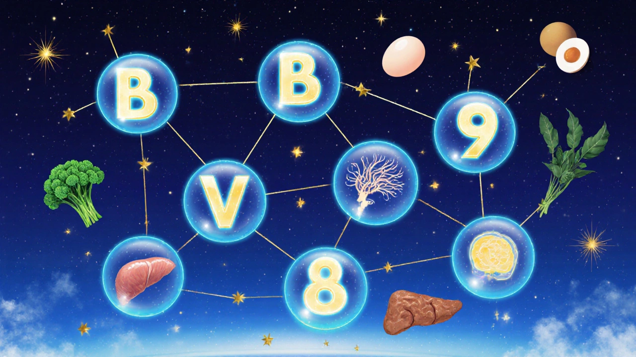 Osmdesát osm vitamínů B ve tvaru zářících molekul s symboly pro nervy, mozek a vlasy.