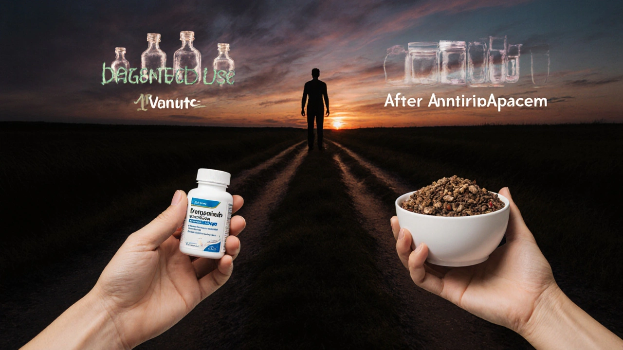 Osoba drží probiotikum a nádobu s vlákninou, stojí mezi dvěma cestami — jedna vede k neúčinnému užívání, druhá k cílenému použití.