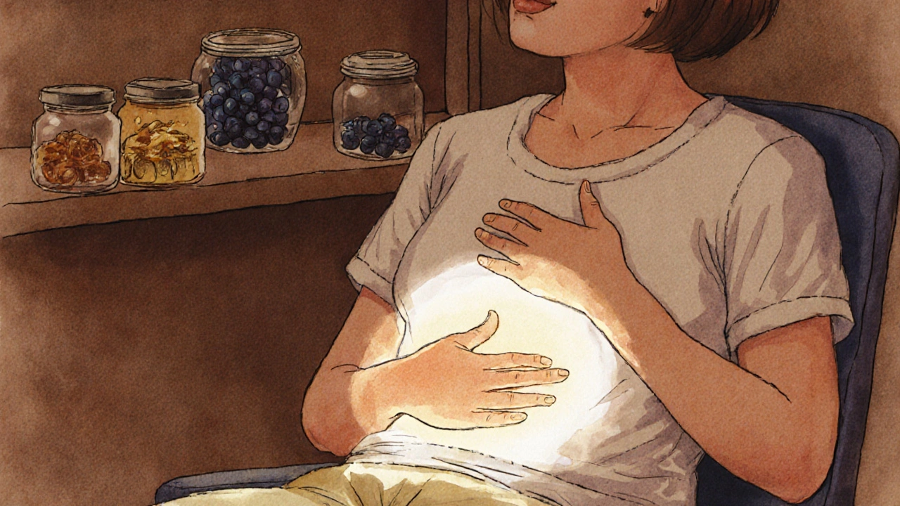 Osoba klidně dýchá po jídle, symbolické světlo uklidňuje žaludek.