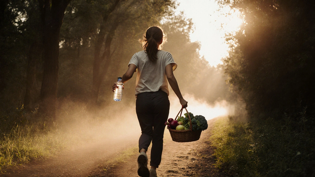 Osoba kráčí lesní cestou s čerstvou zeleninou a láhví vody při západu slunce.