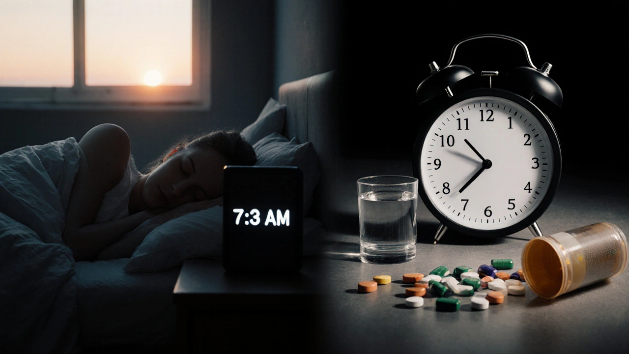 Osoba spí v klidné místnosti s sklenicí vody, detoksové čaje a doplňky jsou na podlaze.