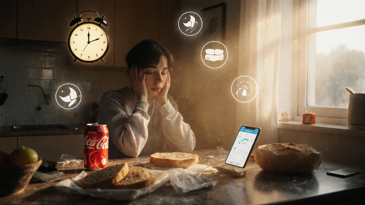 Osoba u stolu s nezdravou stravou a hodinami ukazujícími pozdní noc