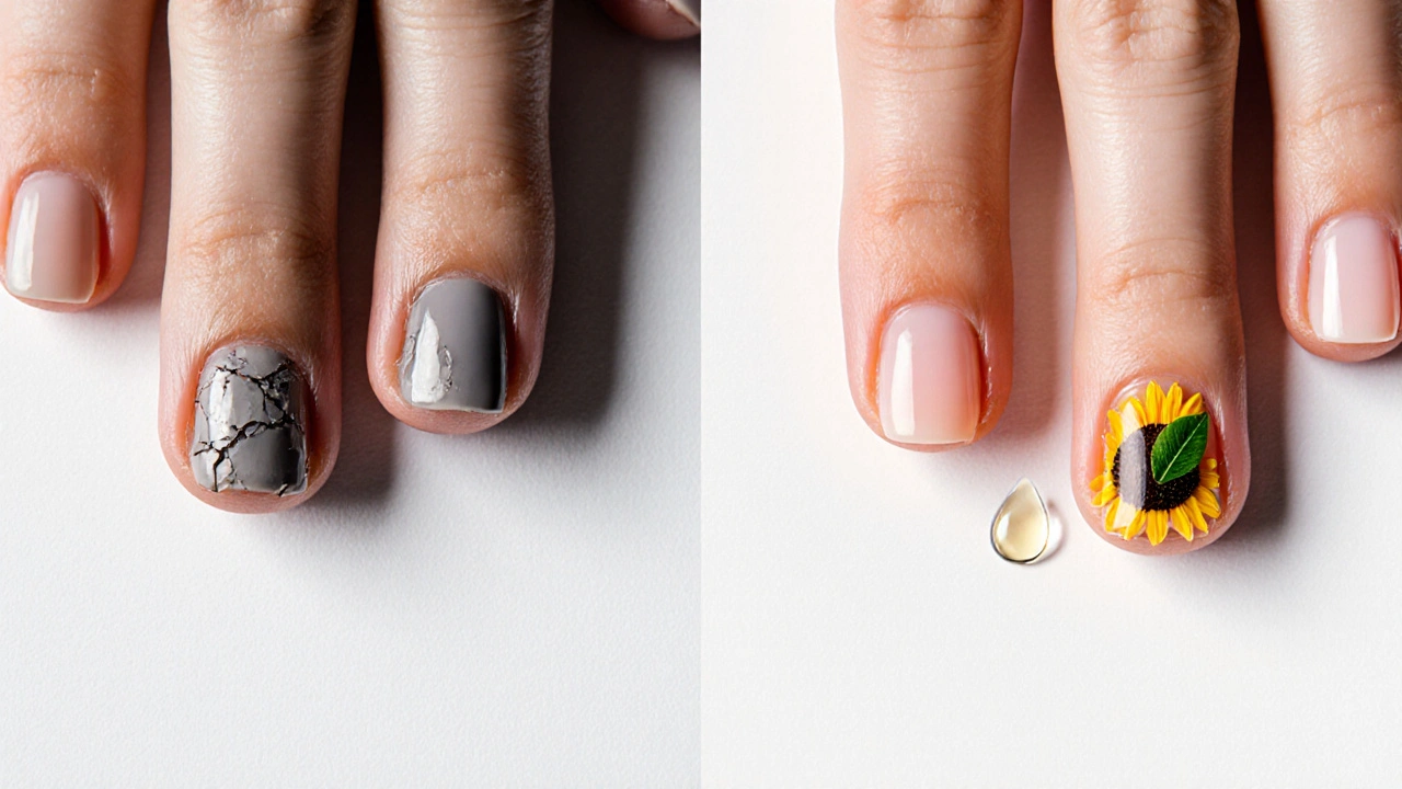 Porovnání křehkých a zdravých nehtů s přirozenými doplňky živin vloženými do nehtu.