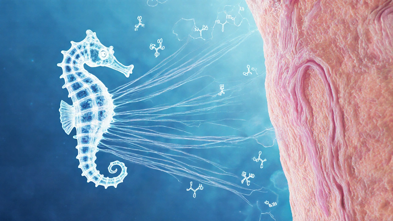 Přehled těla mořského koníka s viditelnými vlákny kolagenu spojenými s kůží.