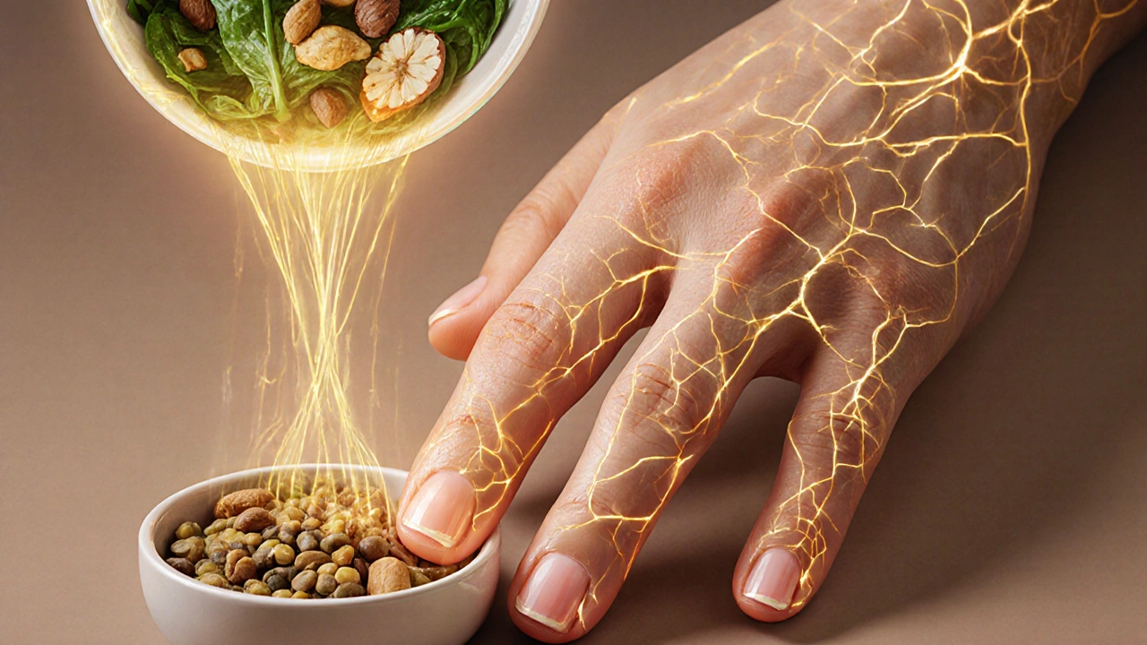 Přenos živin do nehtového lůžka skrze krevní oběh z potravin jako špenát a čočka.