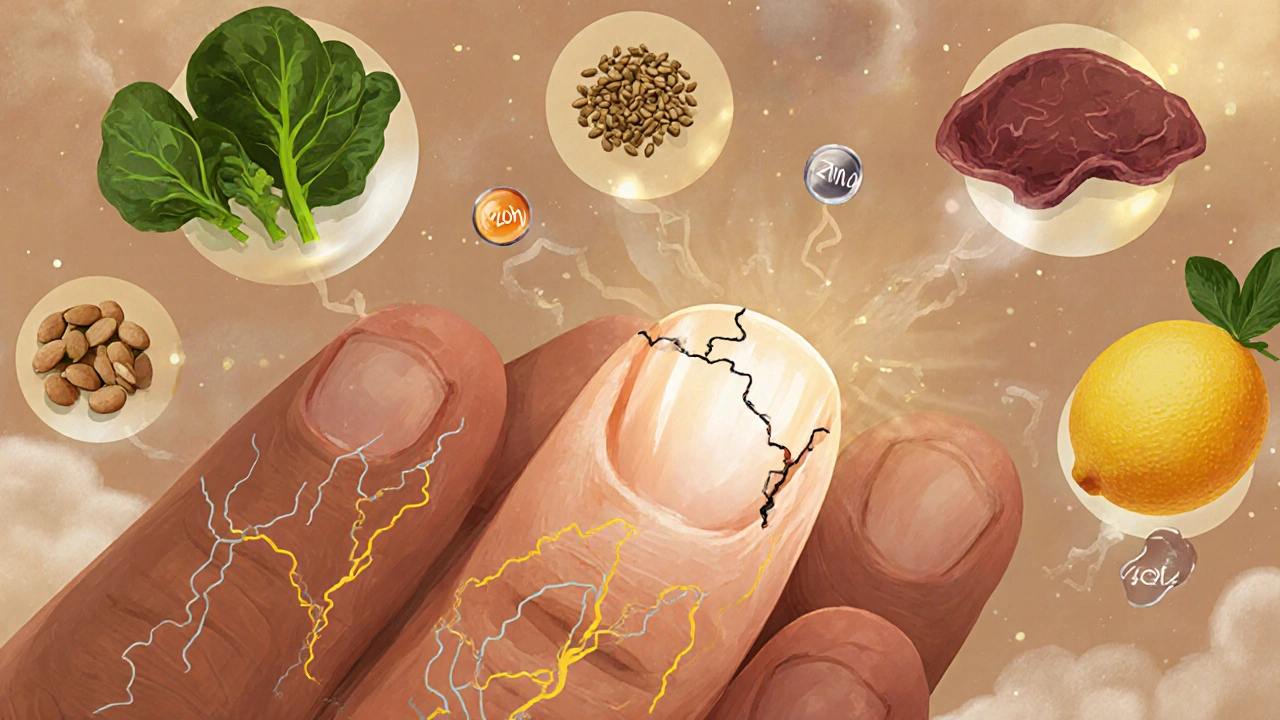 Průhledná ruka s proudy živin směřujícími k nehtovému ložisku, kolem ní potraviny bohaté na biotin a zinek.