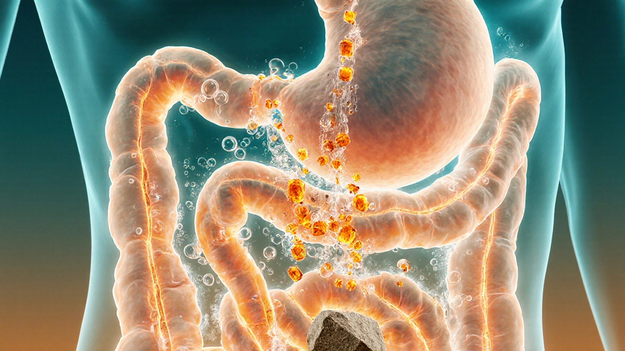 Průhledný trávicí systém s přebytkem vitamínu C a tvorbou ledvinových kamenů.