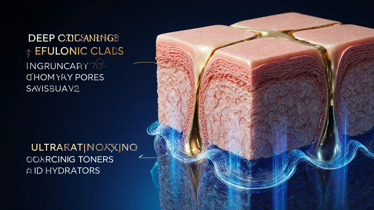 Průřez kůže ukazující odstranění nečistot z pórů pomocí chemických kyselin a ultrazvuku.