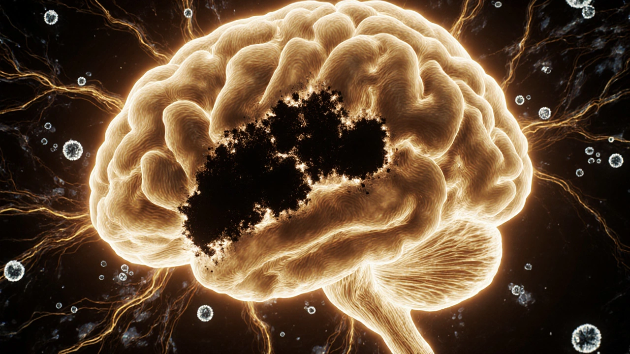 Průřez lidského mozku s hromaděním toxinů v oblasti hipokampu, zdravé nervové spojení v zlaté světlosti.