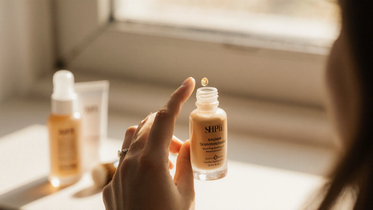 Ruka drží tintovaný hydratační krém u okna s přirozeným světlem.