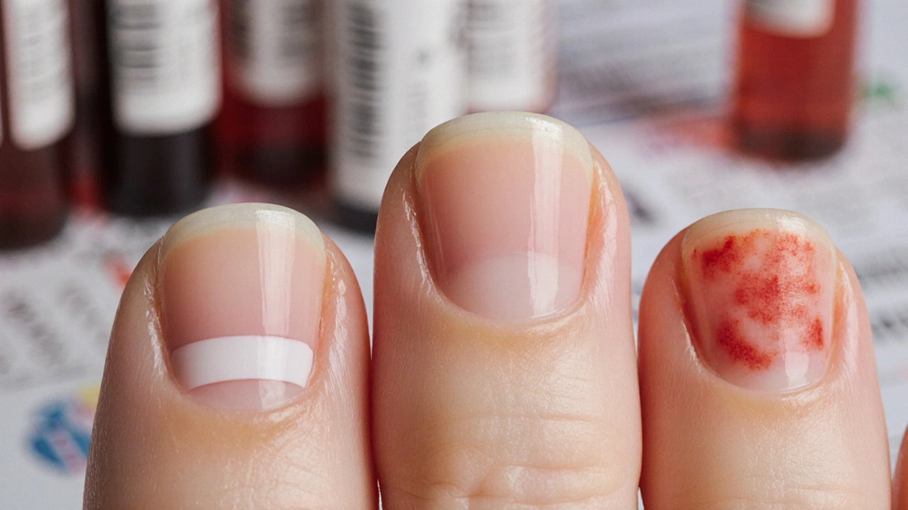 Různé abnormality nehtů: lžíce, červené otoky a bílé proužky, příznaky vnitřních onemocnění.