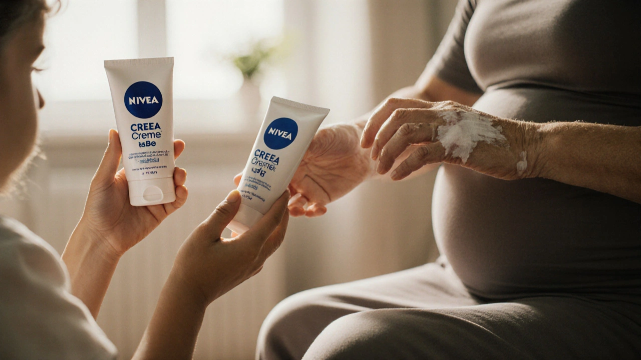 Různé ruce aplikující krém Nivea v domácím prostředí