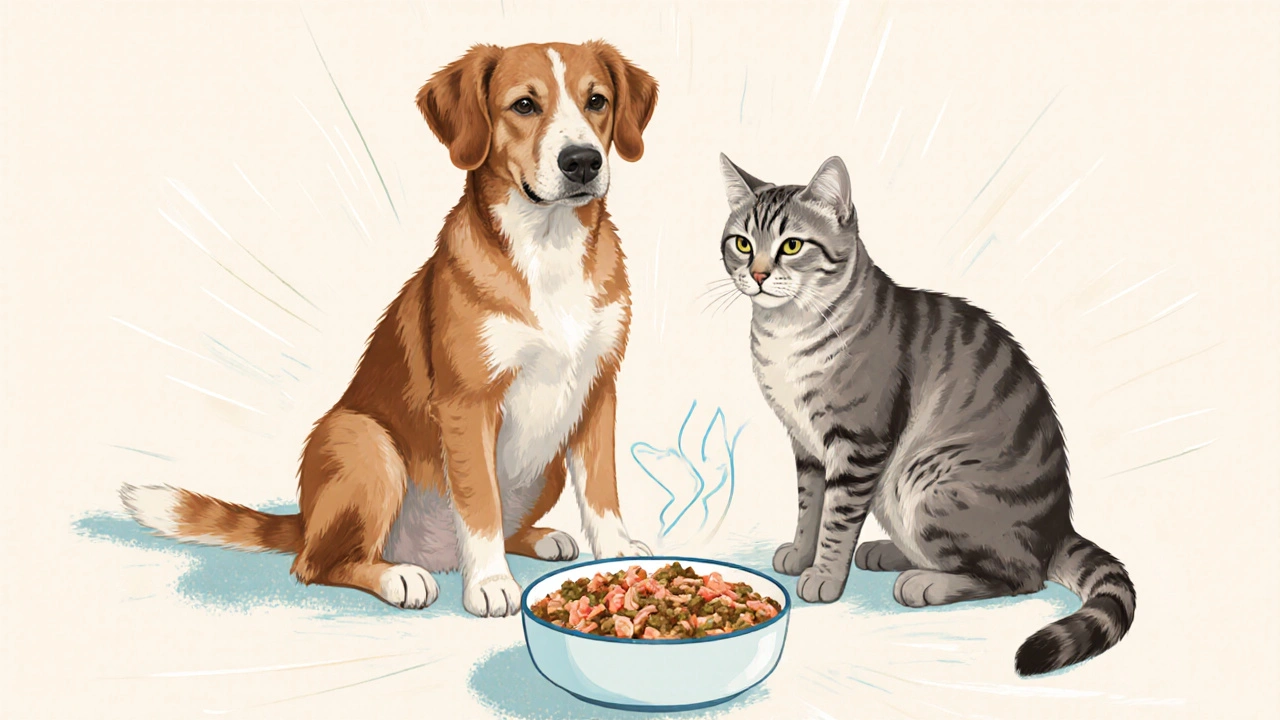 Starý pes a kočka jedí kolagenový prášek, jejich srst leskne.