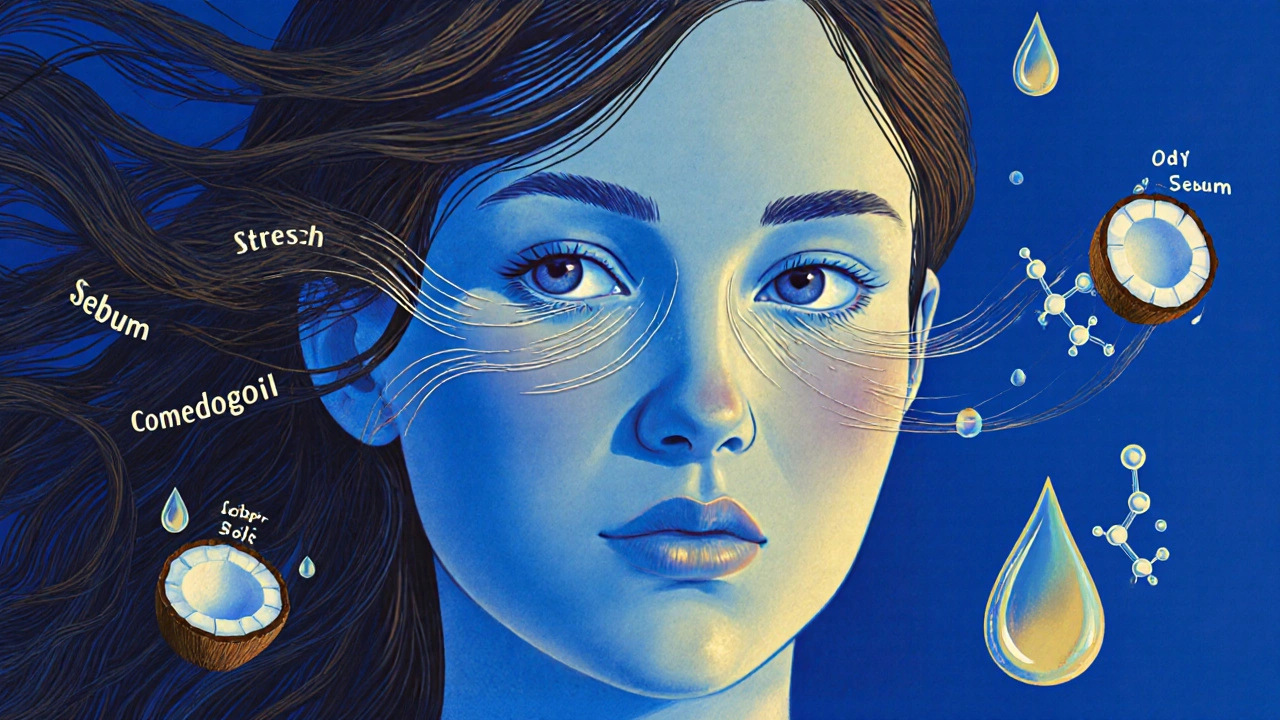 Symbolická ilustrace hormonálních a kosmetických příčin ucpaných pórů.