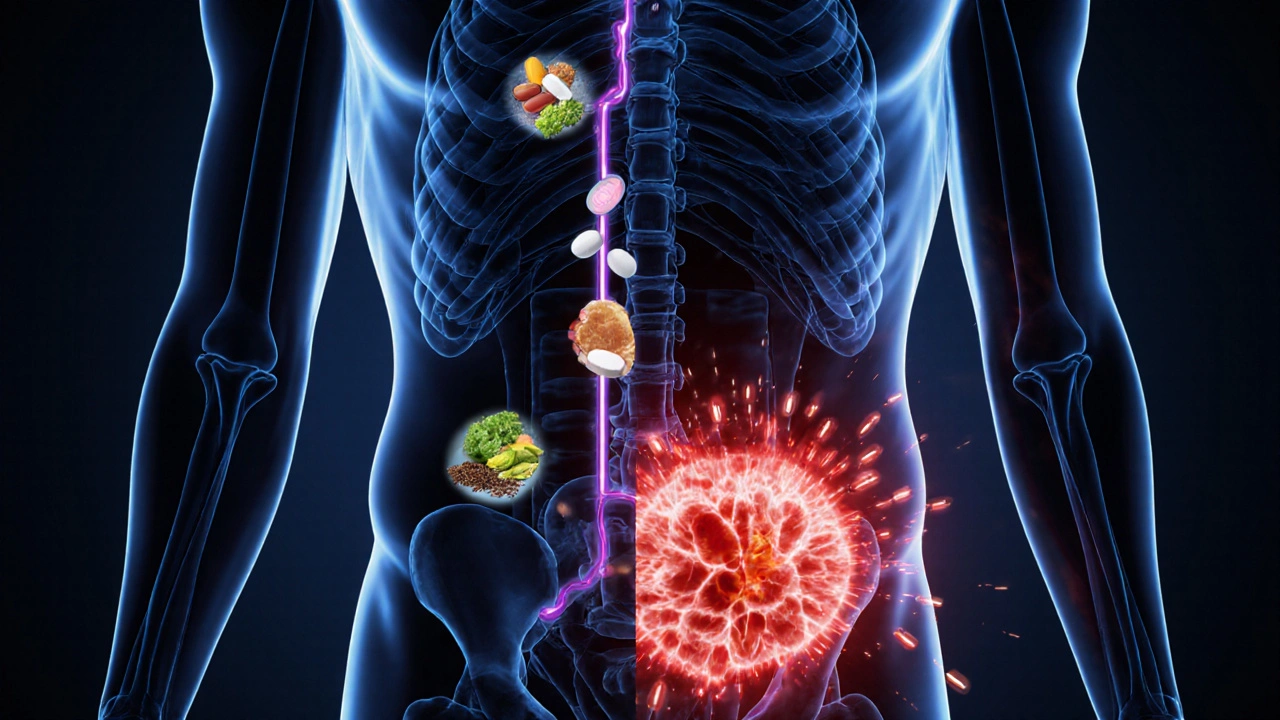 Tělo s metabolickou cestou: přirozené živiny napravo, stimulantské doplňky vlevo způsobující stres.